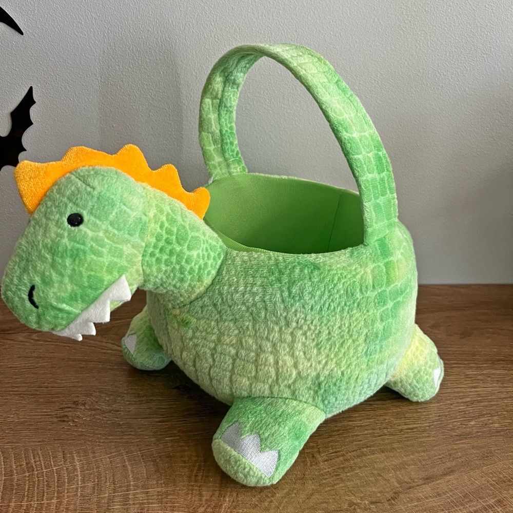 Kids Dinosaur Trick or Treat Bag Plush Halloween Candy Bucket Green Dino